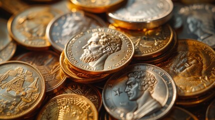 Macro shot of a pile of shimmering gold and silver coins from various countries, highlighting the intricate designs and textures