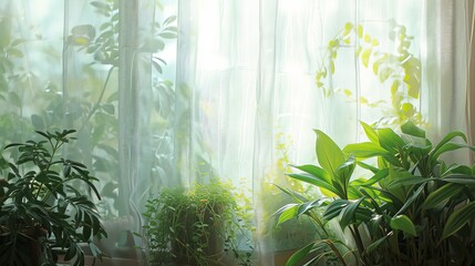 Green plants on a windowsill. Generative AI