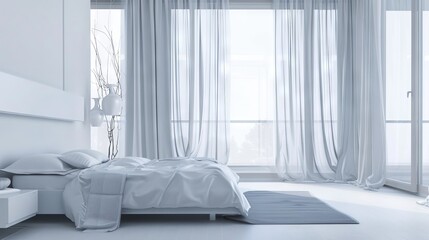 Modern Monochromatic Bedroom with Floor-to-Ceiling Curtains for a Minimalist Look.