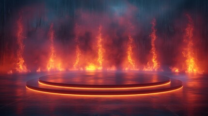 An empty circular stage glows ominously with intense flames engulfing the backdrop, creating a dramatic setting.