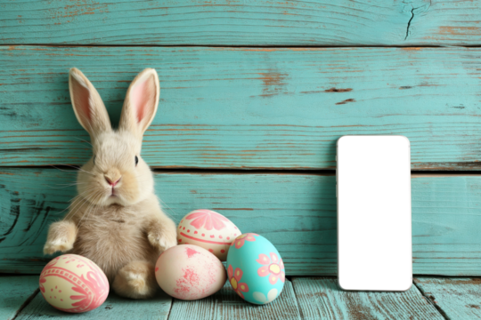 Smartphone com tela em png e fundo fotografico de pascoa com cenário colorido