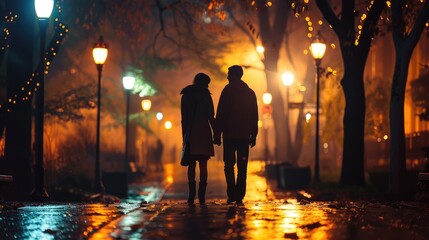 Man and woman holding hands walking in the park at night​, AI generated Image