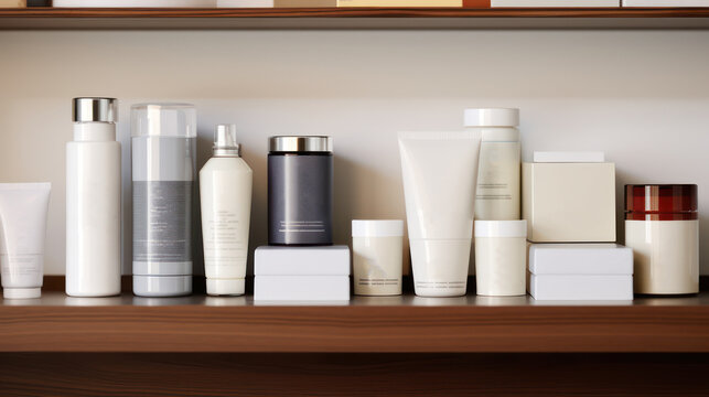 Beauty cosmetics and skincare products blank label are arranged on wooden shelves.