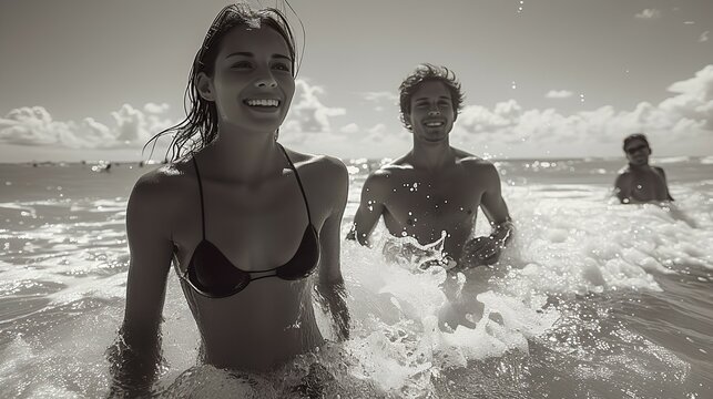 Spring break - summer vacation - holiday - getaway - trip - travel - escape - resort - beach - ocean - tropical - young people having fun - black and white photo 
