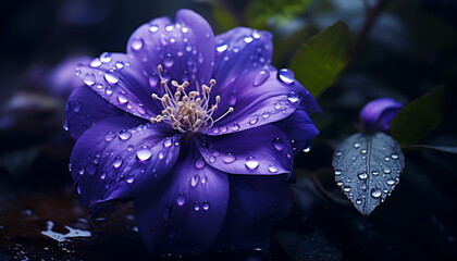 a purple flower sitting up above water drops, generative ai