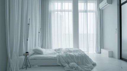 Fototapeta na wymiar Elegant Minimalist Bedroom with Monochromatic Color Scheme and Dramatic Curtains.