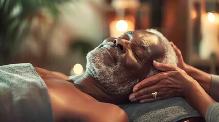 Elderly black man enjoying relaxing lying down with his head massaged by someone, at spa have light candle and aromatic
