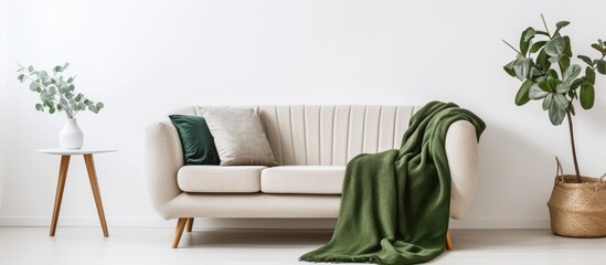 Minimalistic living room with a beige sofa, green blanket, cushions, and a white wall.