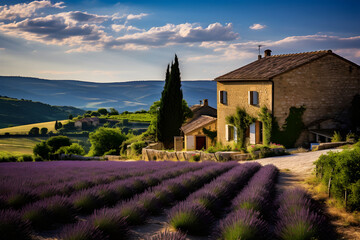 Enchanting Panorama of a Tranquil French Countryside Adorned with Lavender Fields, Vineyards, and...
