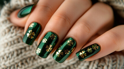 stylish green nails embellished with shimmering golden Irish trefoils