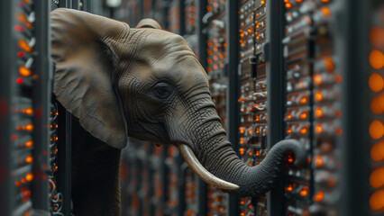 Surrounded by servers, elephant appears out of place yet oddly fitting in world of data storage