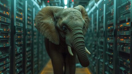 Elephant's silhouette against rows of server racks creates juxtaposition of nature and technology