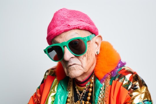 Portrait of an old hippie woman with sunglasses and a hat