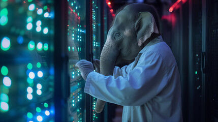 An elephant in white coat attends to server racks, blend of wildlife and technology