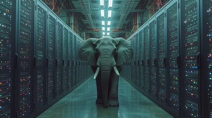 An elephant peers curiously at the intricate network of cables and servers in data center