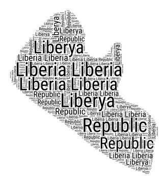Black and white word cloud in Liberia shape. Simple typography style country illustration. Plain Liberia black text cloud on white background. Vector illustration.
