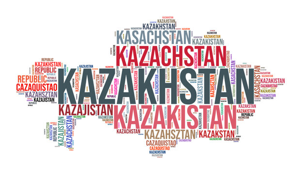 Kazakhstan country shape word cloud. Typography style country illustration. Kazakhstan image in text cloud style. Vector illustration.