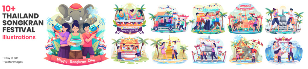 Set of Songkran Festival Illustrations With People Celebrate Thailand’s Traditional New Year’s Day by Splashing Water on Each Other. Vector Illustration - obrazy, fototapety, plakaty