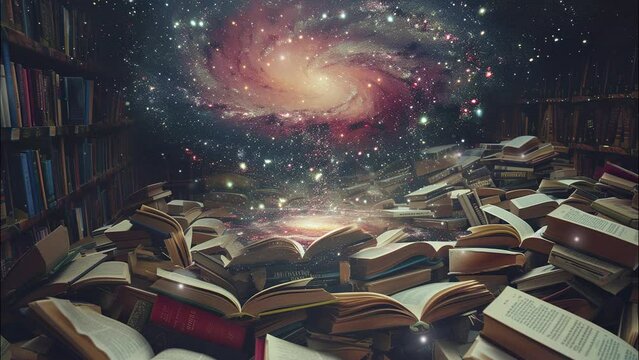 stack of books galaxy cosmos fantasy background