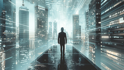 Businessman walking on abstract city background with binary code. 3D Rendering