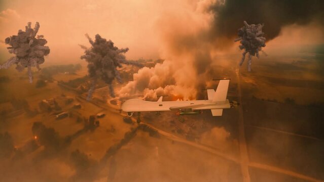 Military of spy drone flying over battlefield. Air defense system is working, explosion in the sky