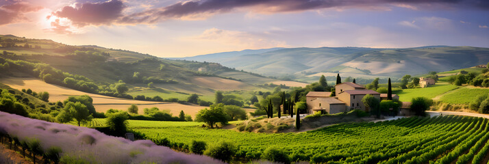 Enchanting Panorama of a Tranquil French Countryside Adorned with Lavender Fields, Vineyards, and Quaint Stone Houses