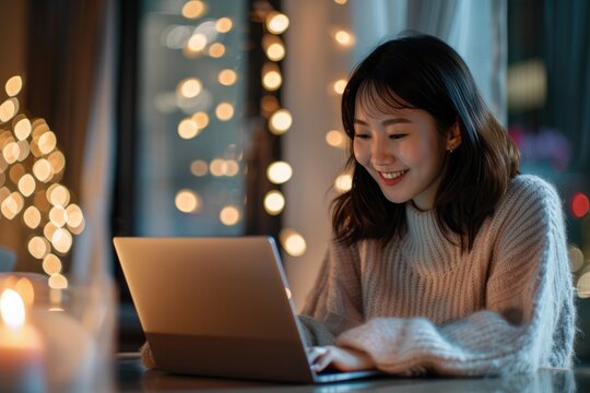 Young Korean woman smiling and typing with a laptop at his house Bokeh background