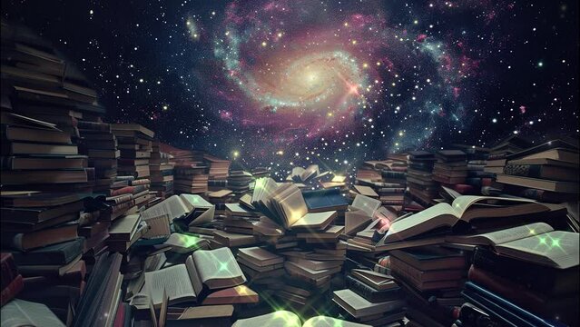 stack of books galaxy cosmos fantasy background