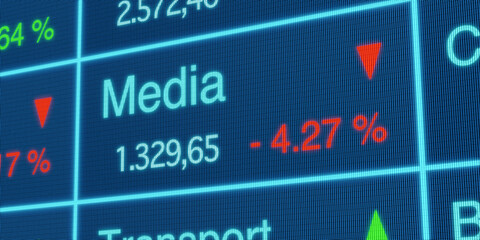 Media sector stock index. Stock market data, media stocks price information, percentage changes, blue screen. Stock exchange, business, trading board. 3D illustration