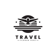 Travel logo in simple minimalist style, with an airplane silhouette. Holiday logos.