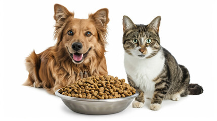  Dog and a cat sitting side by side, eagerly eyeing a bowl filled with delicious food in front of them