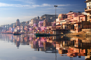 Mathura is a city in the Indian state of Uttar Pradesh. Photo is taken from the boat in Yamuna river