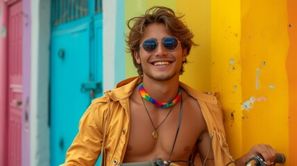 gat homosexual man with the colors of the lgbt flag, posing