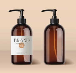 Realistic brown shampoo bottle cosmetic, isolated product, packaging mockup, pastel background, vector 