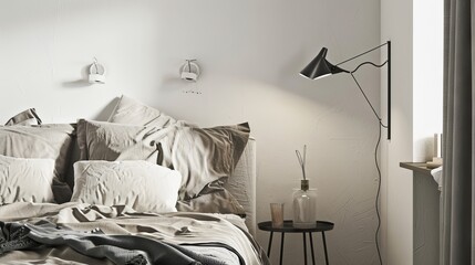 Modern Bedroom with Wall-Mounted Reading Lamp AI Generated.