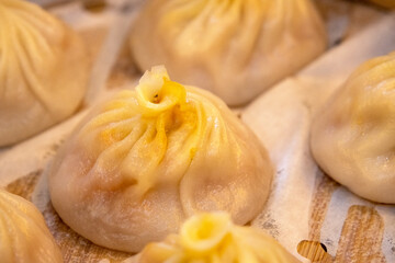 Closeup of Xiao Long Bao streamed pork dumplings