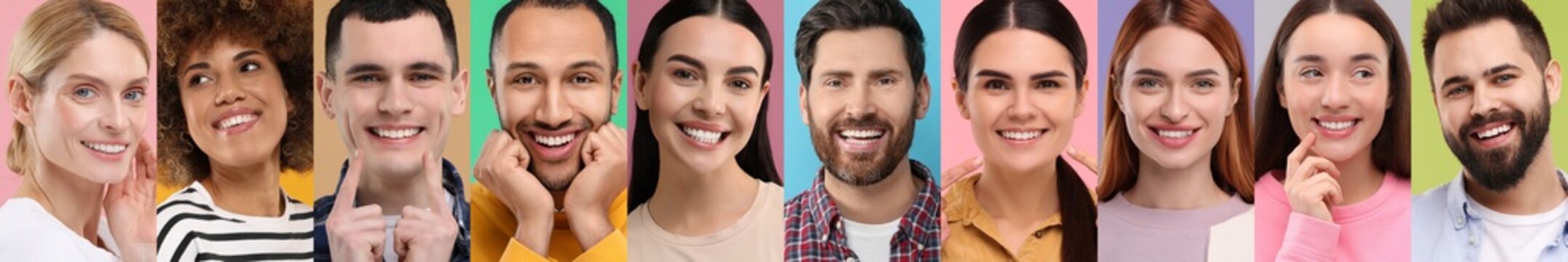 People with showing white teeth on different color backgrounds, collage of photos