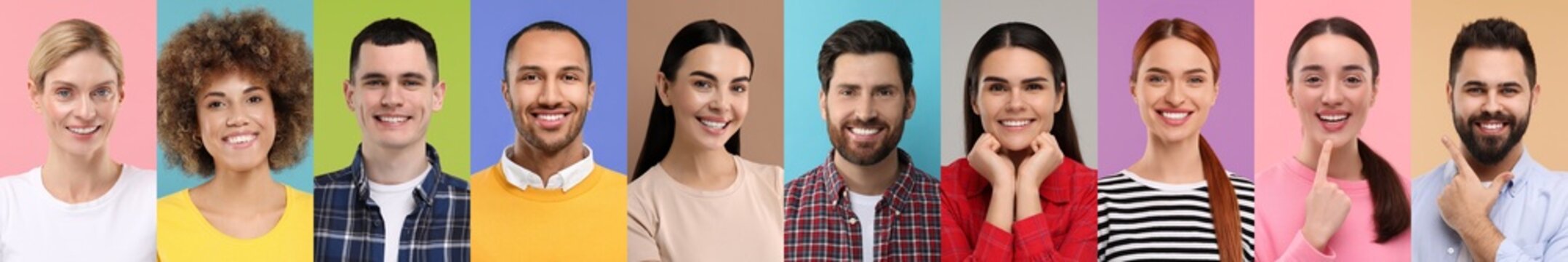 People with showing white teeth on different color backgrounds, collage of photos