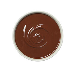 Melted milk chocolate in bowl isolated on white, top view