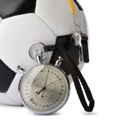 Football referee equipment. Soccer ball, stopwatch and whistle isolated on white
