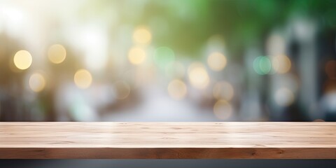 Empty white table top surface with blur abstract green and brown bokeh light background, wooden shelf, wood counter, and tabletop banner for mockup.