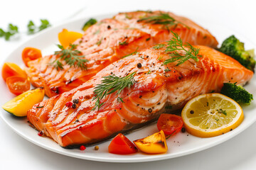 Pieces of roasted salmon with vegetables on plate on white background.