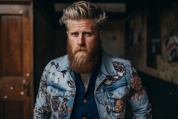 Handsome young man with long red beard and moustache wearing a denim jacket.