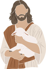 Jesus holds a sheep in his arms, boho silhouette, christian vector illustration