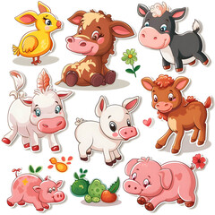 Obraz premium Set of cute farm animals pack sticker style on transparent background - Ai generated