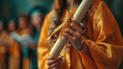 Close-up of Graduate Holding Diploma. Close-up image of a graduate with academic gown holding a diploma tied with a ribbon, symbolizing academic success.