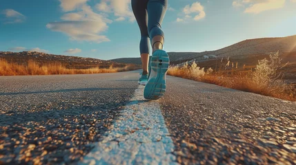 Deurstickers foto de pernas correndo em roupas esportivas ao longo de uma longa estrada  © Alexandre