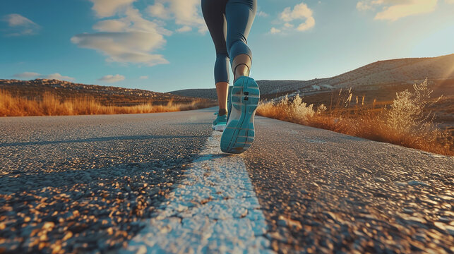foto de pernas correndo em roupas esportivas ao longo de uma longa estrada
