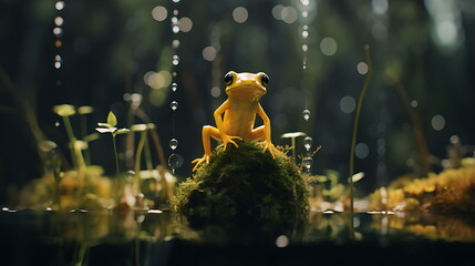 a frog sits in the water with green vegetation, generative ai