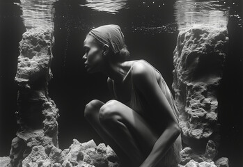 Submerged Solitude: Ethereal Underwater Black and White Image of a Woman Reflecting in an Underwater Scene, Ethereal Underwater Portrait of a Woman in Serene Contemplation - obrazy, fototapety, plakaty